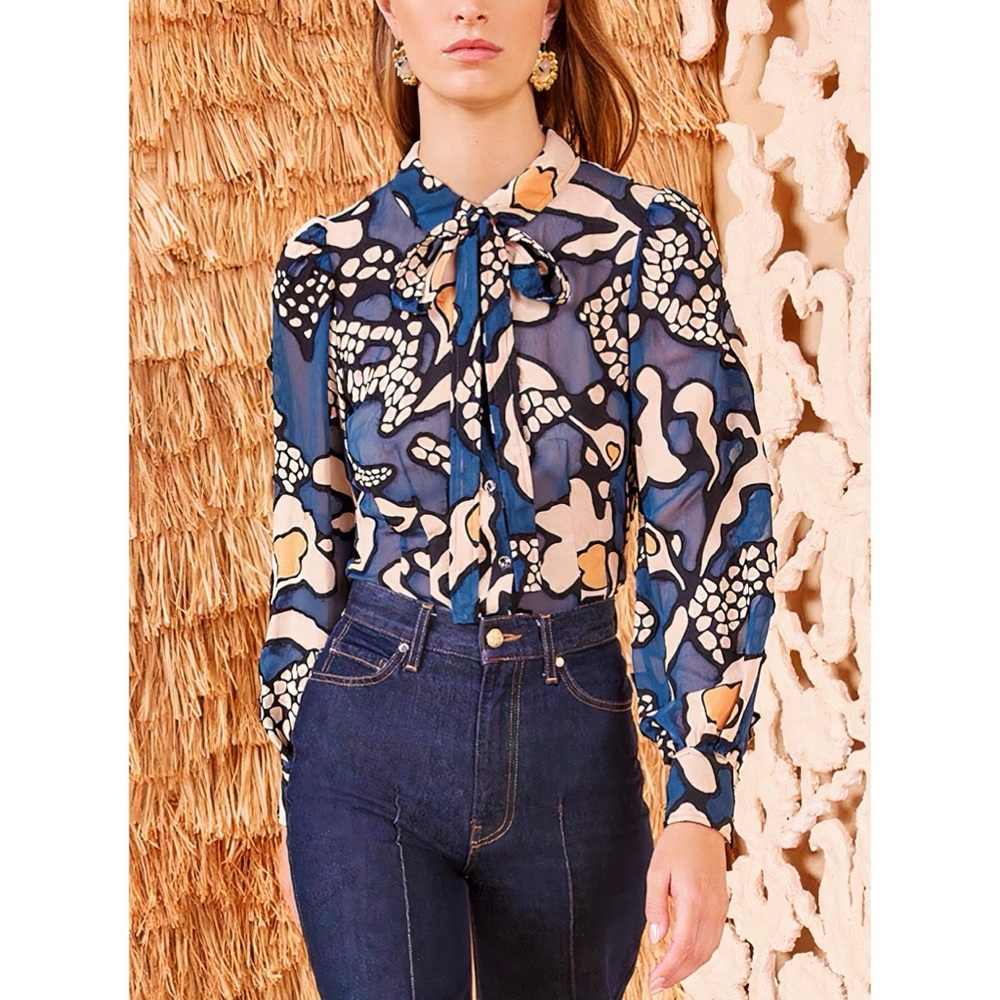NWT Ulla Johnson Long-Sleeve Floral Tie-Neck Hera Blouse